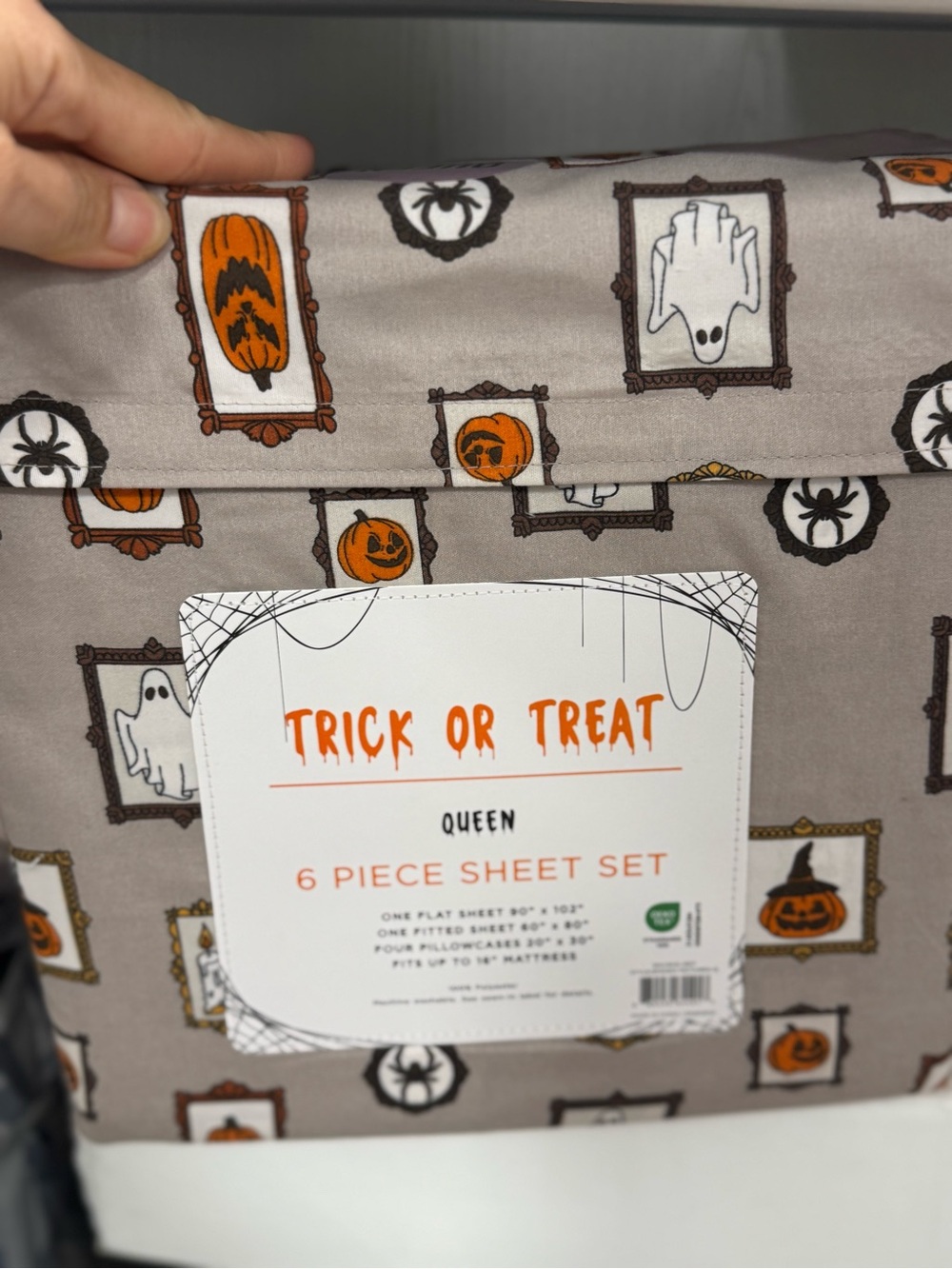 Trick or Treat Queen 6-Piece Sheet Set - Gray & Orange Halloween Print